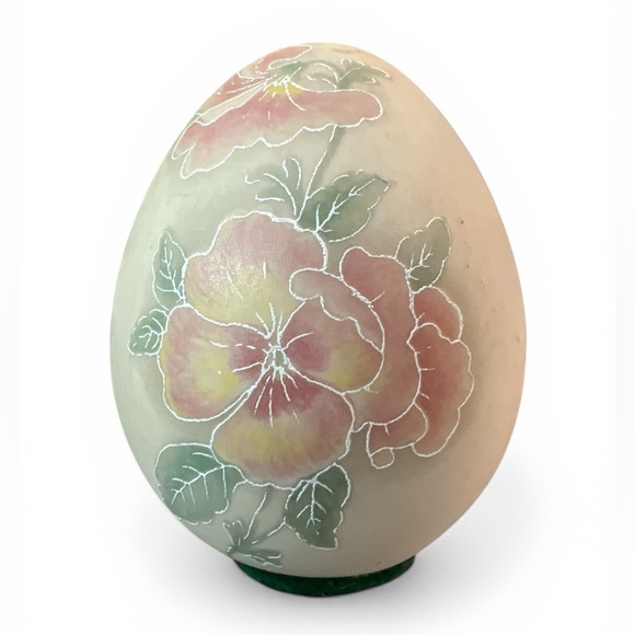Other - Bisque PorcelainHand-Painted Floral Egg Art in Pink and Green Hibiscus